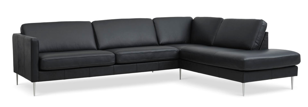 Ask sæt 61 stor OE sofa m. højre chaiselong sort semianilin læder og børstet aluminium