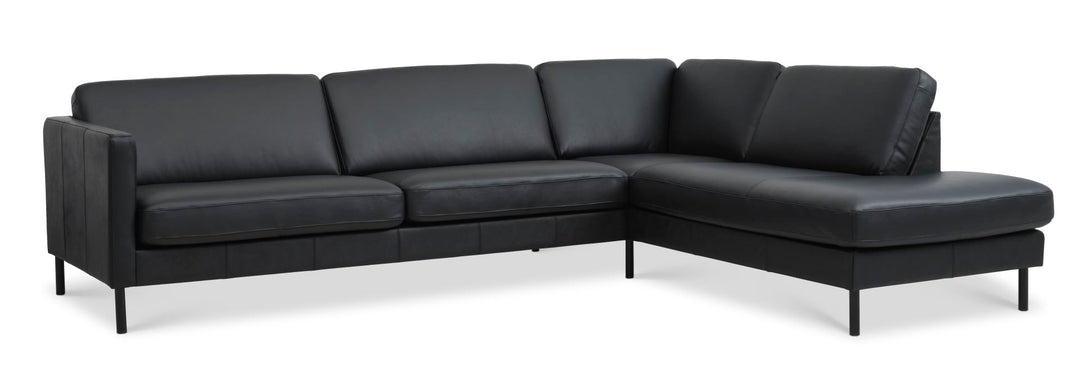 Ask sæt 61 stor OE sofa m. højre chaiselong sort semianilin læder og sort metal