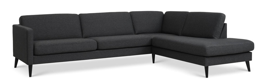 Ask sæt 61 stor OE sofa m. højre chaiselong antracitgrå polyester stof og sort træ