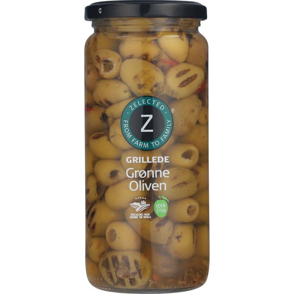 Produktbillede af Grill. Grønne Oliven U/sten 500g Zelected på tilbud i premium kvalitet