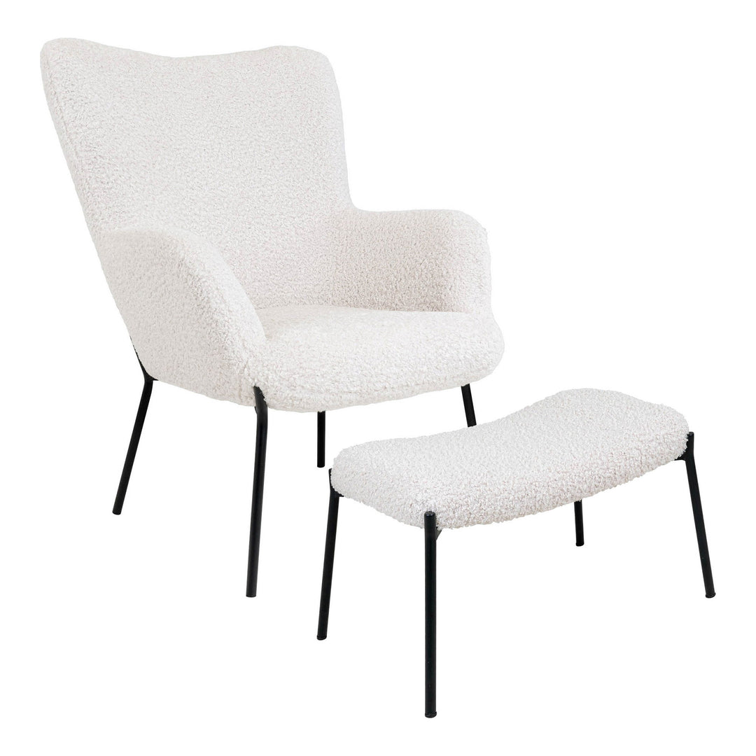 Produktbillede af HOUSE NORDIC  Glasgow loungestol og fodskammel hvid polyester og stål sæt af 2 i premium kvalitet