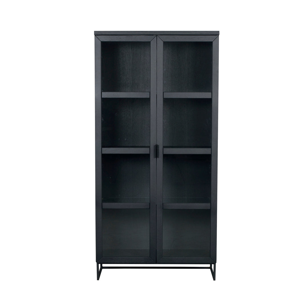 ROWICO rektangulær Everett vitrineskab m. 2 glaslåger og 3 hylder sort eg og metal