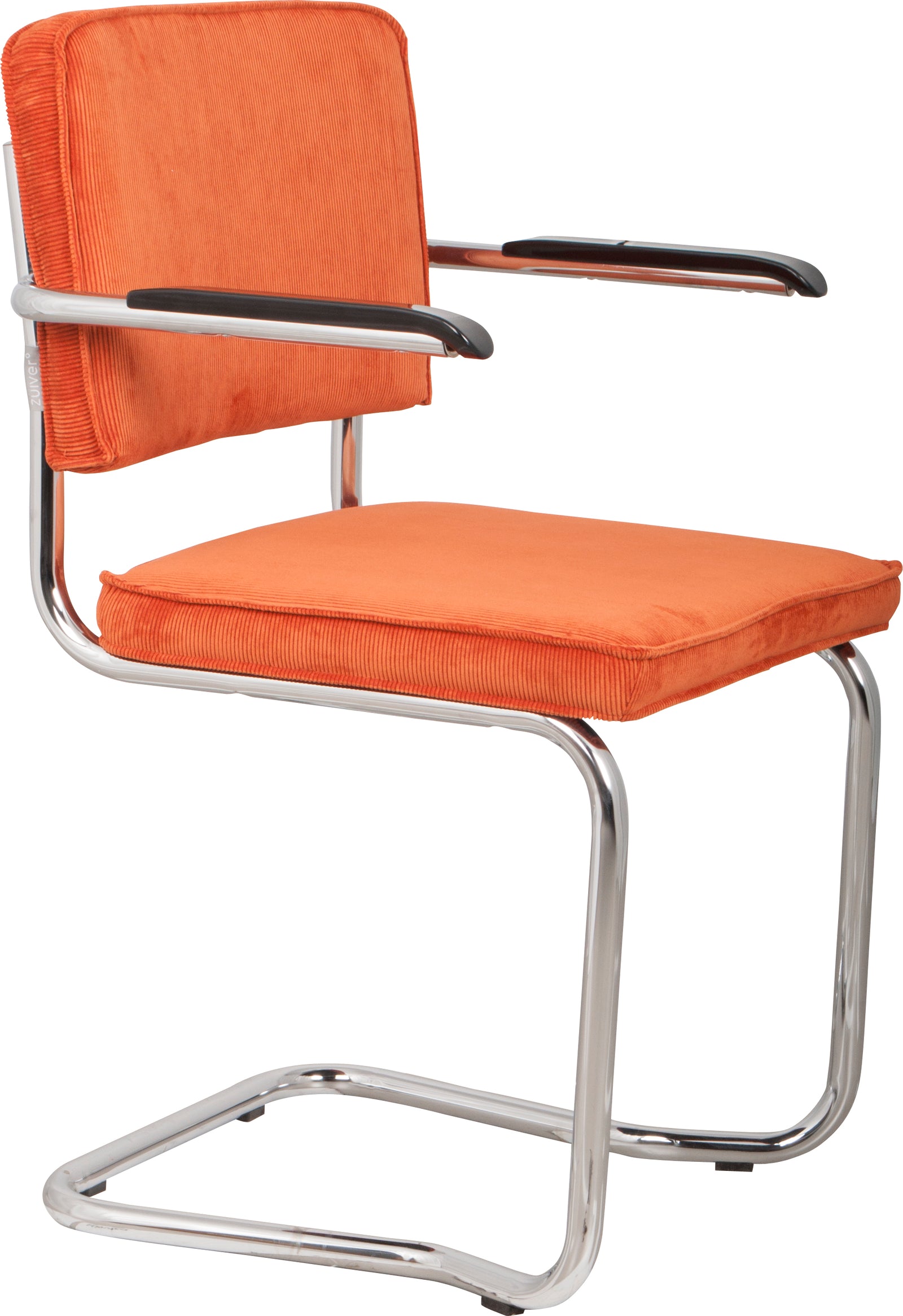 Produktbillede af ZUIVER Ridge Rib Kink spisebordsstol m. armlæn orange fløjl polyester/nylon og sølv krom i premium kvalitet