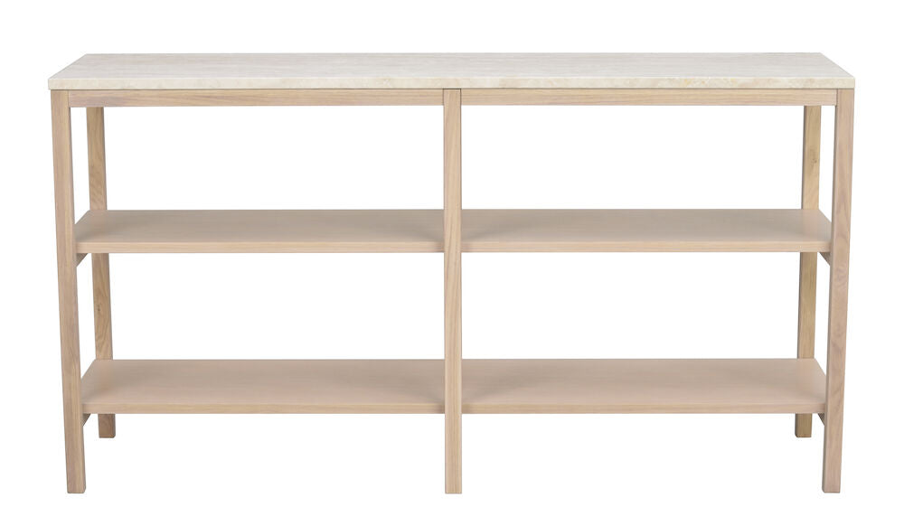 ROWICO Orwel konsolbord m. 2 hylder beige travertin og hvidvasket eg 140x40
