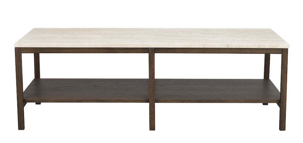 Produktbillede af ROWICO Orwel sofabord m. hylde beige travertin og brun eg 140x60 i premium kvalitet