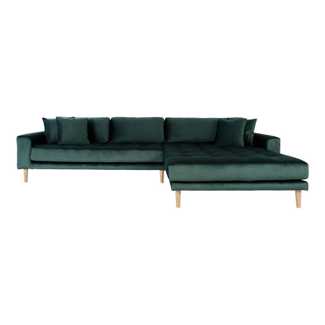 Produktbillede af HOUSE NORDIC Lido loungesofa m. højre chaiselong mørkegrøn velour og natur træ i premium kvalitet