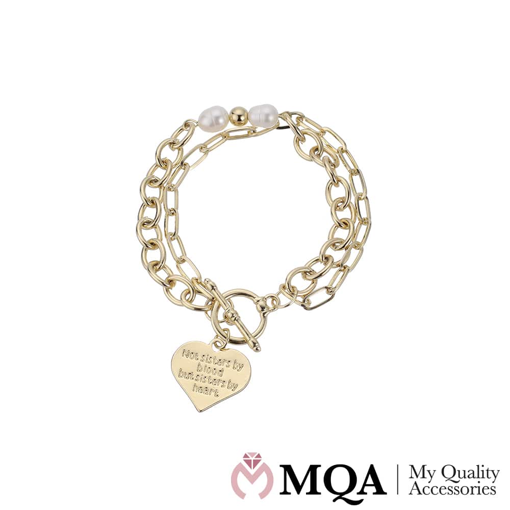 Produktbillede af Køb Armbånd dobbelt guldfarvet med Sister hjerte vedhæng perler på tilbud