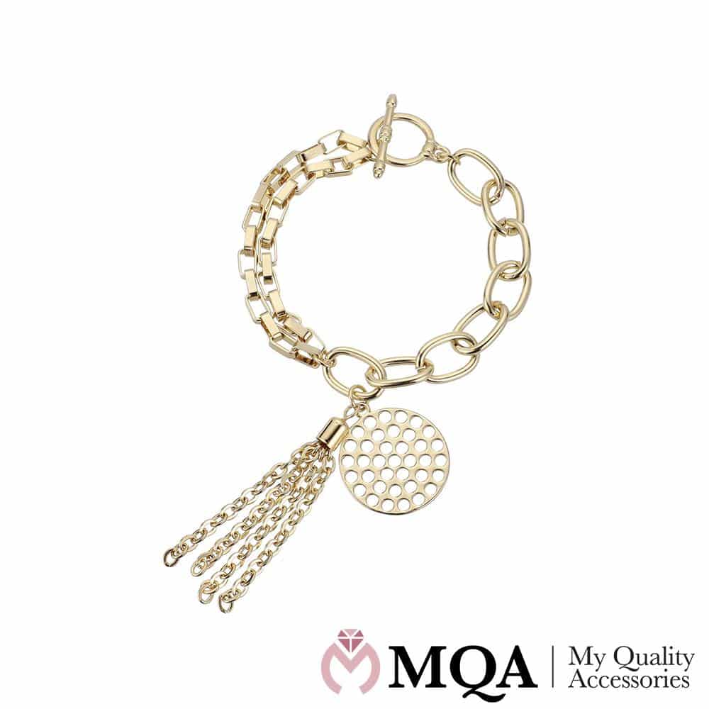 Produktbillede af Køb Armbånd guldfarvet vedhæng med kvast og hullet mønt justerbar på tilbud