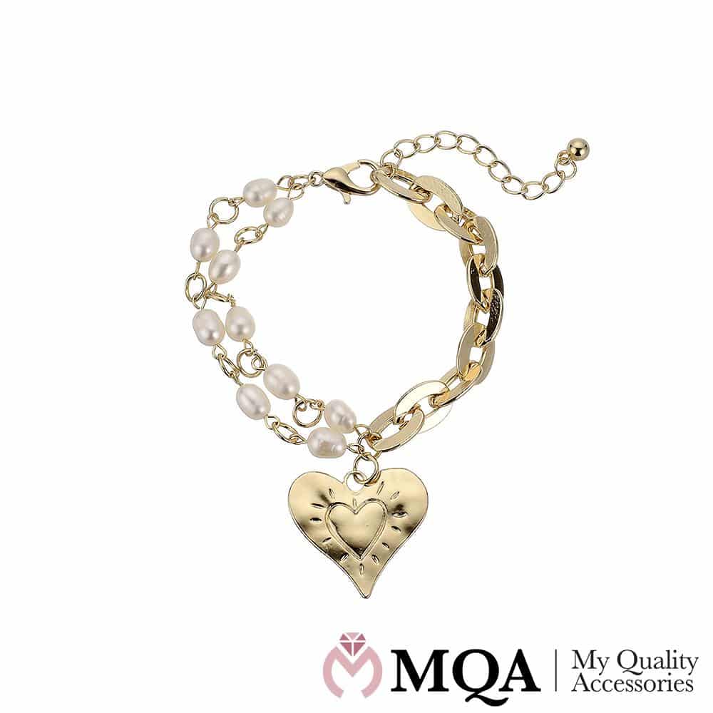 Produktbillede af Armbånd guldfarvet perler vedhæng med hjerte justerbar på tilbud