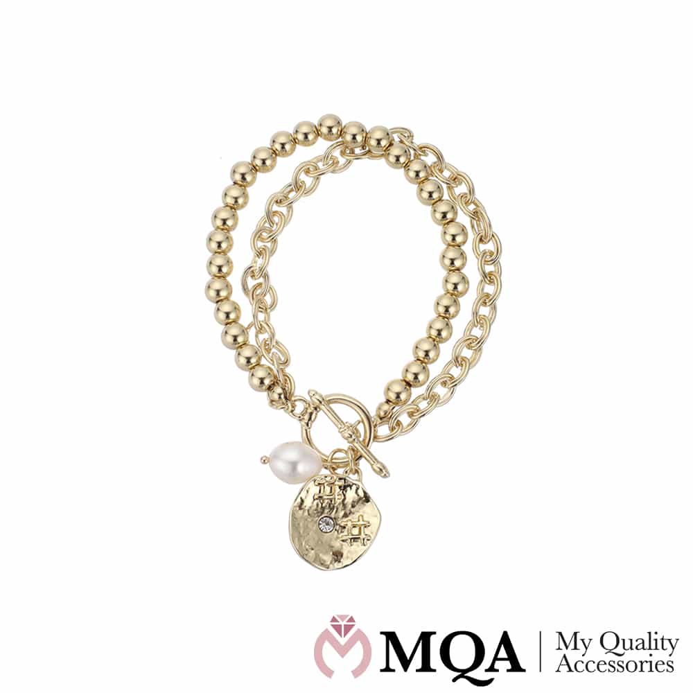 Produktbillede af Køb Armbånd dobbelt guldfarvet perle vedhæng m/sten toggle lås på tilbud
