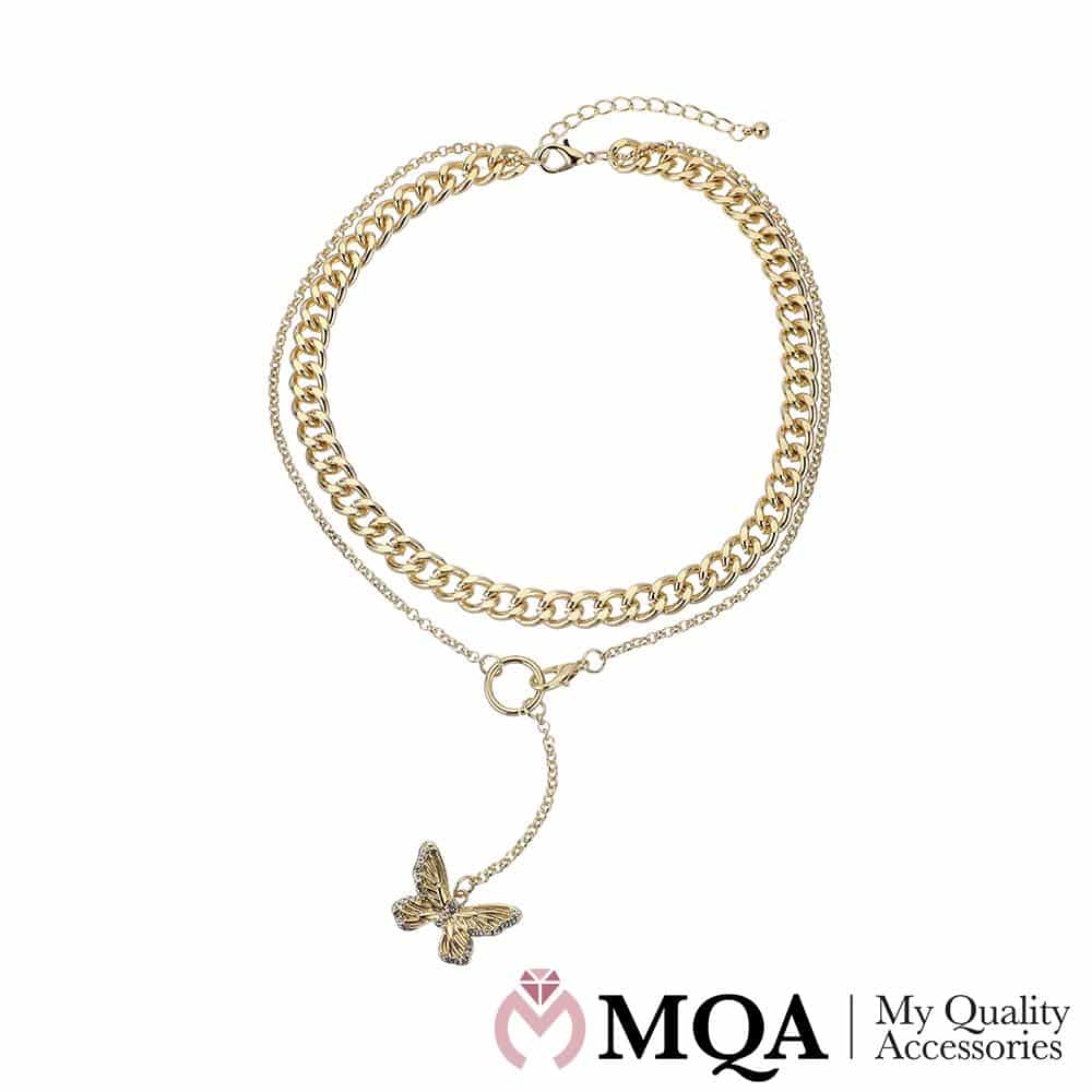 Produktbillede af Halskæde guldfarvet dobbelt m/sommerfugl med glitrende sten justerbar på tilbud