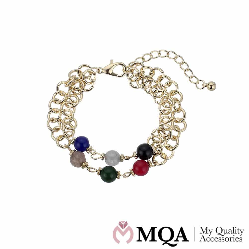 Produktbillede af Køb Armbånd dobbelt guldfarvet 6 farverige perler justerbar på tilbud