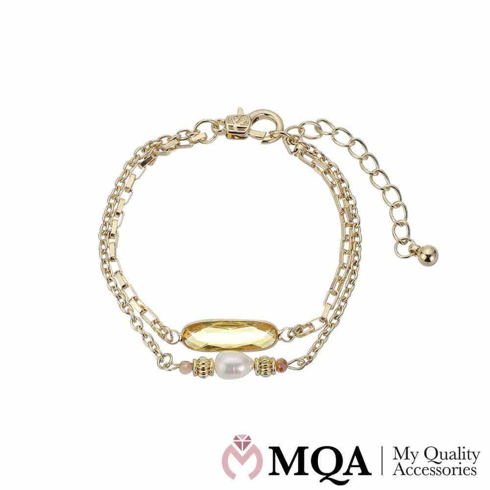 Produktbillede af Køb Armbånd guldfarvet dobbelt perle sten justerbar på tilbud