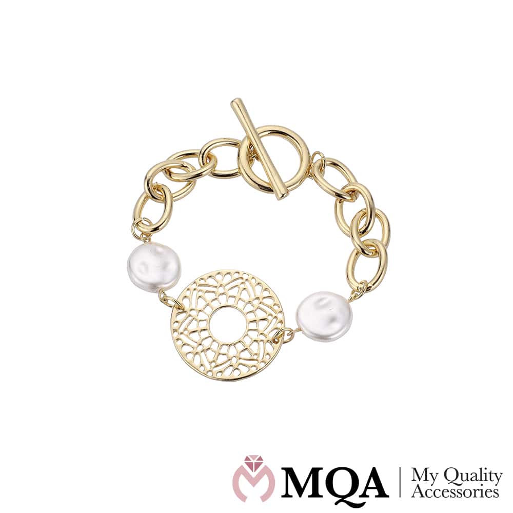 Produktbillede af Køb Armbånd guldfarvet perler mønt m/mønster toggle lås på tilbud