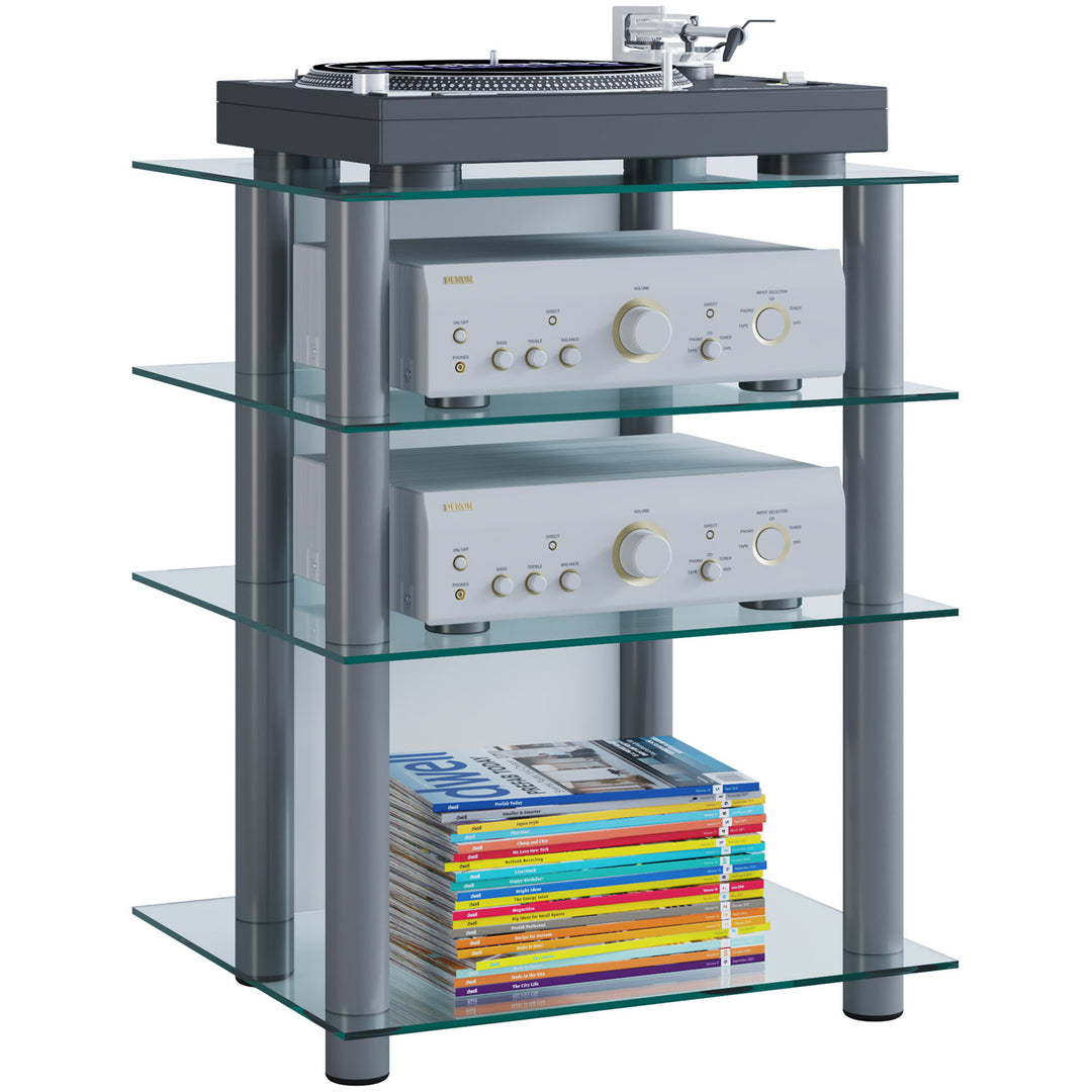 Bilus Hifi reol m. 4 hylder glas og grå aluminium H:70cm x48cm x cm