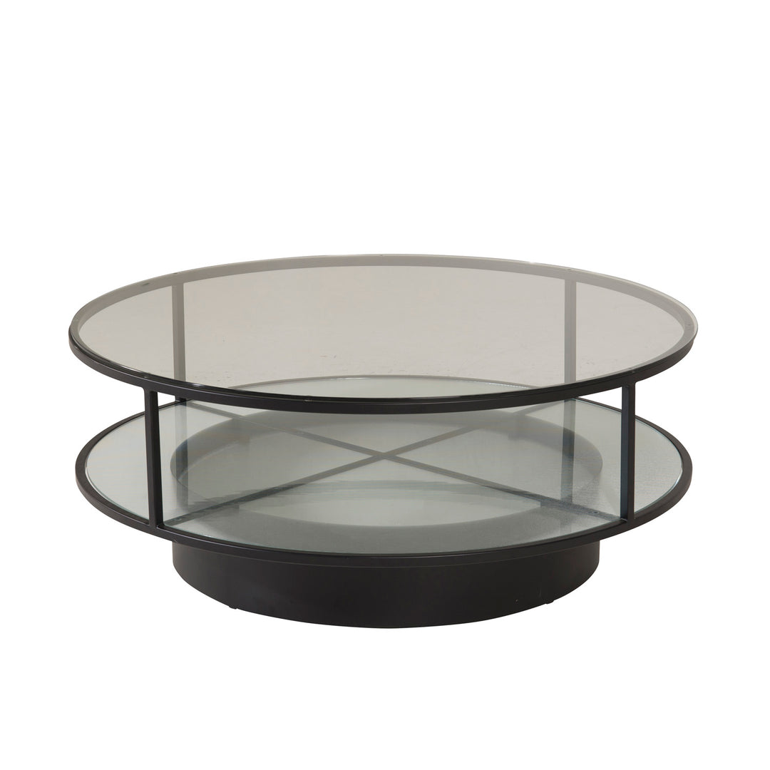 Produktbillede af VENTURE DESIGN Falsterbo sofabord m. hylde glas og sort metal Ø100 i premium kvalitet