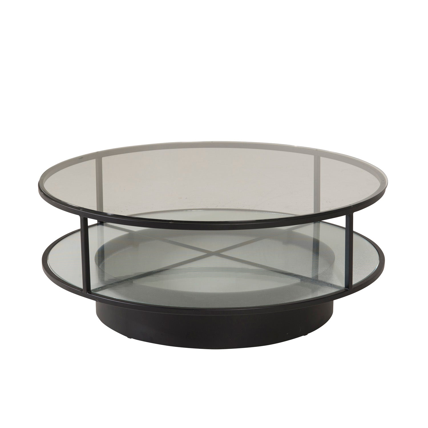 Produktbillede af VENTURE DESIGN Falsterbo sofabord m. hylde glas og sort metal Ø100 i premium kvalitet