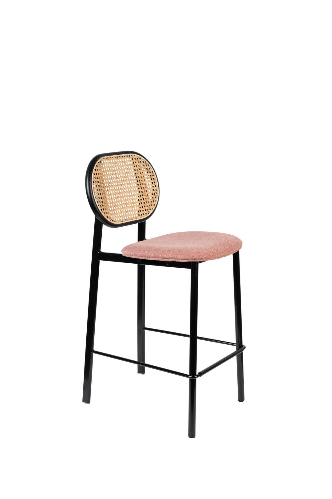 ZUIVER Spike barstol m. ryglæn og fodstøtte natur rattan lyserød polyester og sort stål 64,5cm