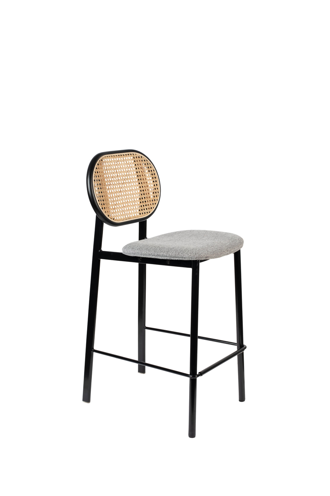 ZUIVER Spike barstol m. ryglæn og fodstøtte natur rattan grå polyester og sort stål 64,5cm
