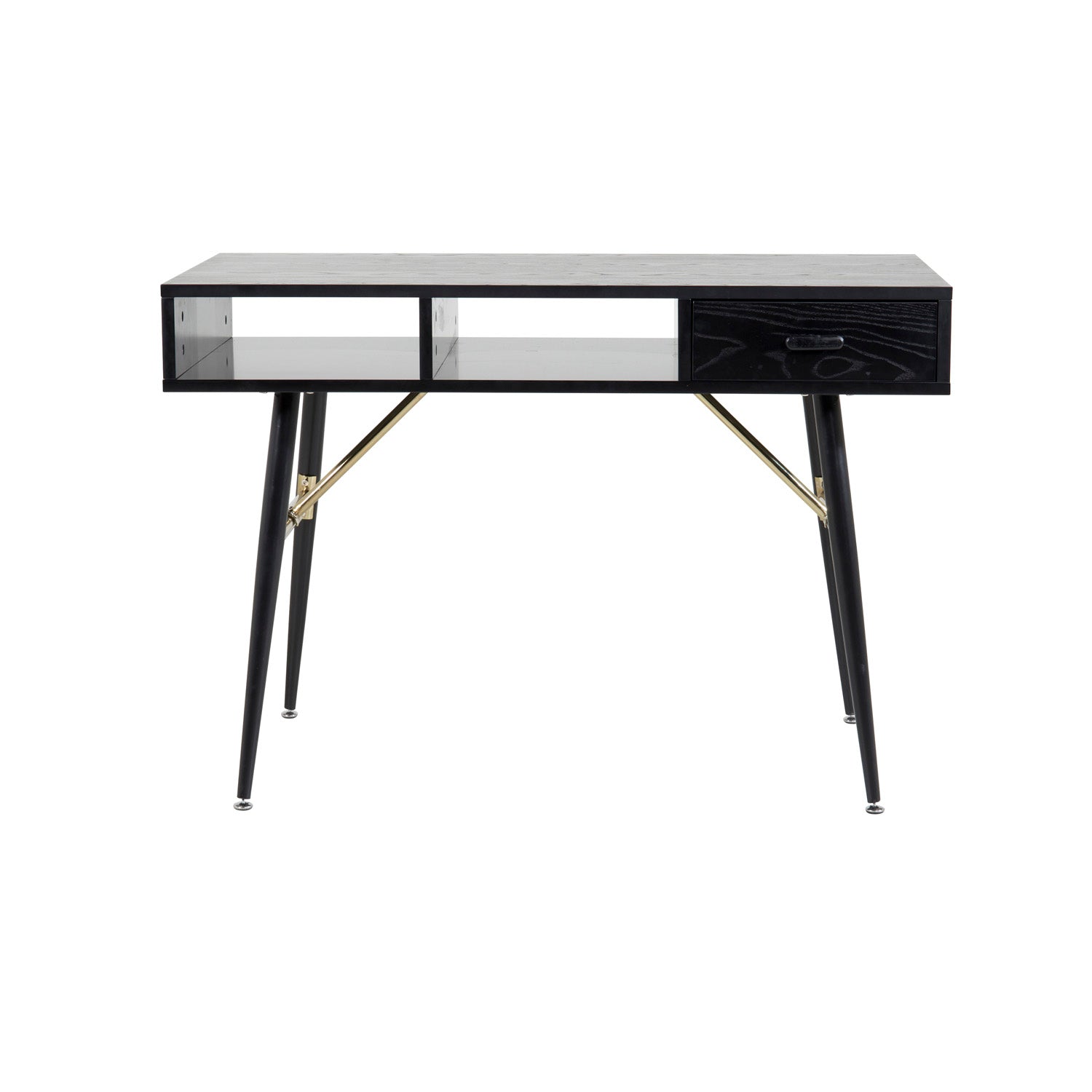Produktbillede af VENTURE DESIGN Gold skrivebord m. 2 hylder og 1 skuffe sort MDF og jern 110x60 i premium kvalitet