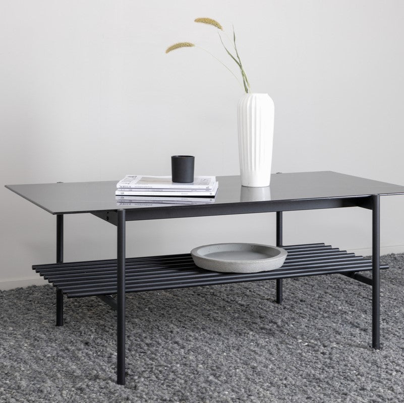 Produktbillede af Bodia Sofabord i marmor glas og sort metal 60 x 120 cm. på tilbud i høj kvalitet