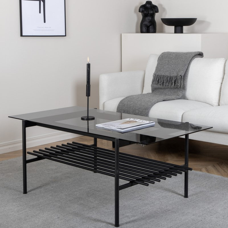 Produktbillede af Bodia Sofabord i røgfarvet glas og sort metal 60 x 120 cm. på tilbud i høj kvalitet