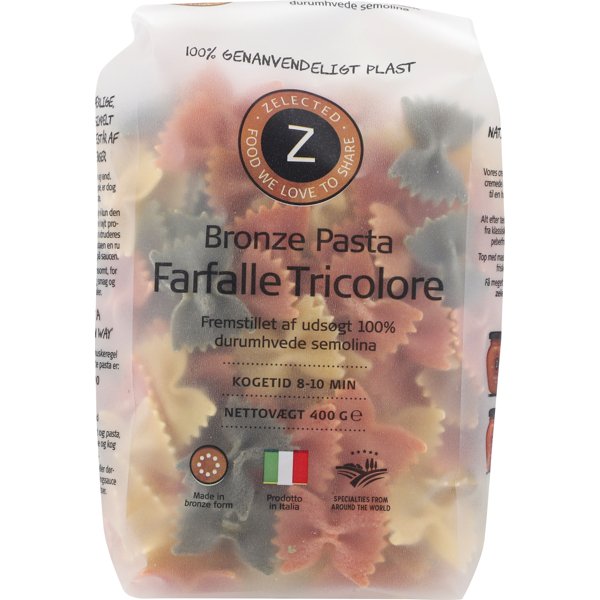 Produktbillede af Pasta Farfalle 3-farvet 400g Zelected på tilbud i premium kvalitet