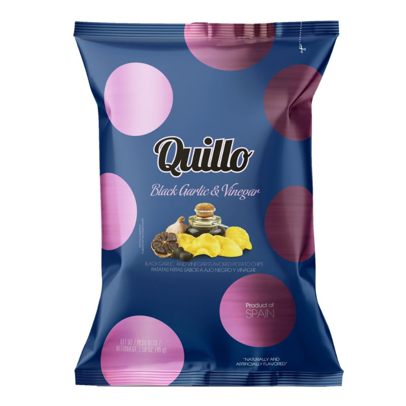 Produktbillede af Chips Med Eddike Og Sort Hvidløg Quillo 45g på tilbud i premium kvalitet