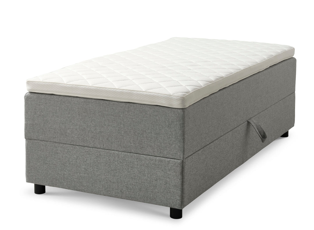 Space Dreams sengebund m. opbevaring u. topmadras lysegrå stof og sort træ 200x90