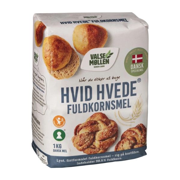 Produktbillede af Hvedemel Fuldkorn Hvid Valsemøllen 1kg på tilbud i premium kvalitet