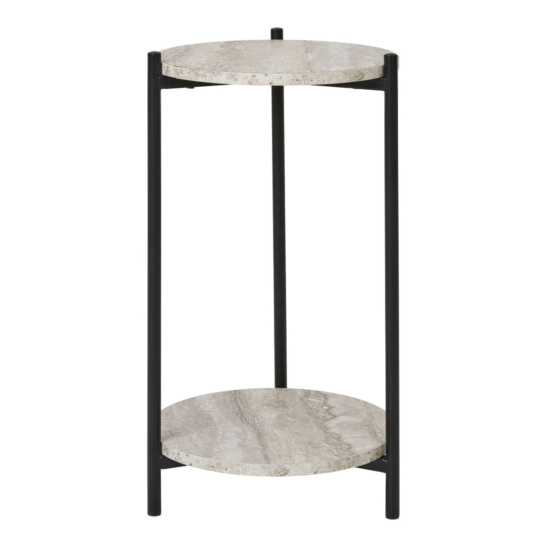 HOUSE NORDIC Leuven sidebord m. 1 hylde rund beige MDF med travertin look og sort stål Ø27