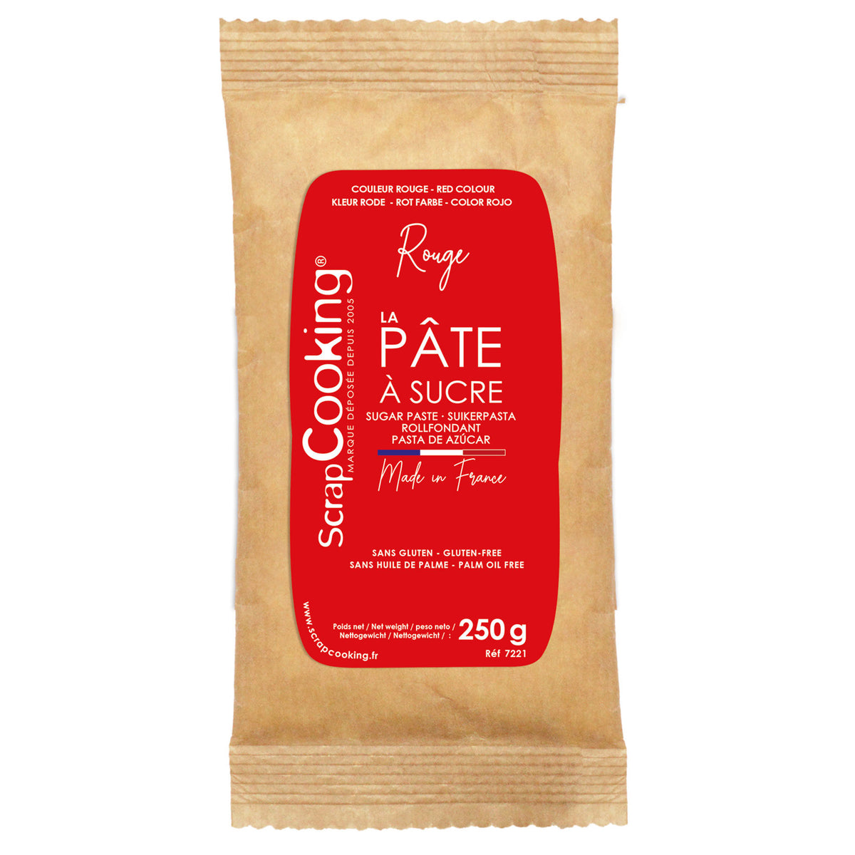 Pakke med rød sukkerpasta på 250 gram fra ScrapCooking til kagedekoration