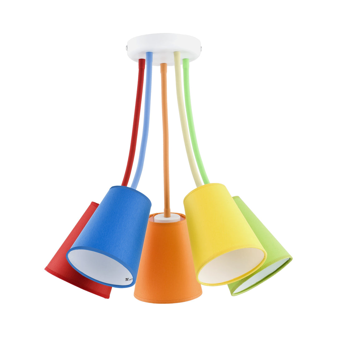 TK Trådfarve loftlampe m. 5 skærme multifarvet stof og hvid metal