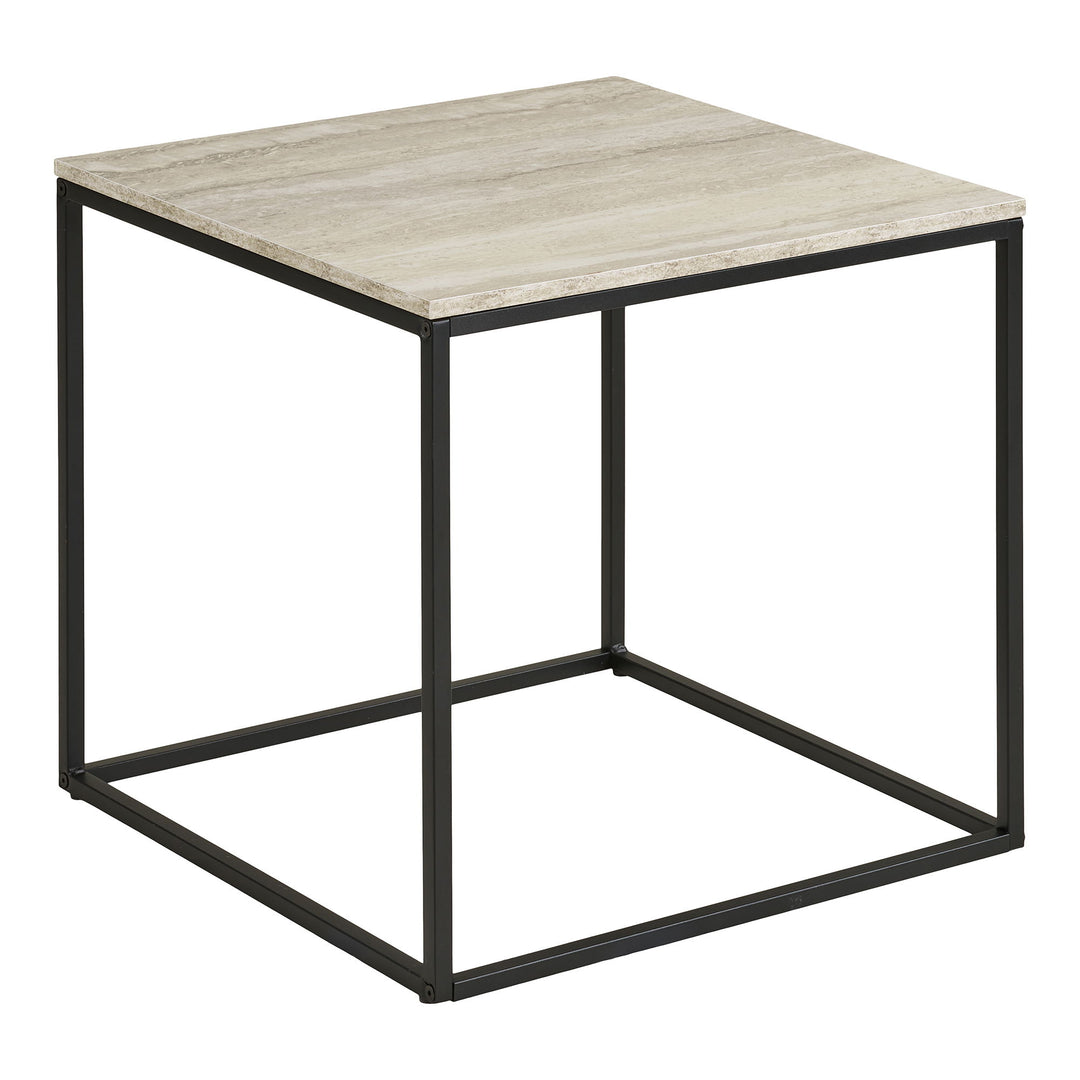 HOUSE NORDIC  Vita hjørnebord kvadratisk beige melaminfolie med travertinlook og sort stål 45x45