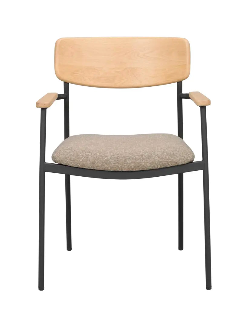 ROWICO Maymont spisebordsstol m. armlæn stabelbar mørk beige stof natur eg og sort metal