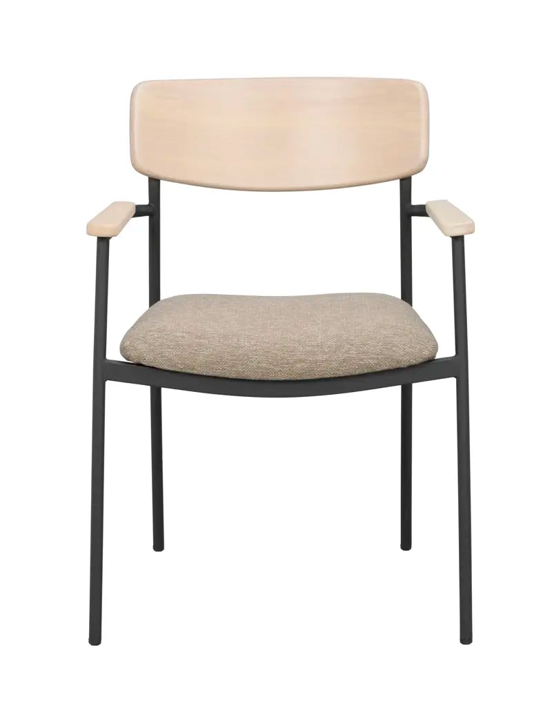 ROWICO Maymont spisebordsstol m. armlæn stabelbar mørk beige stof/hvidpigmentere eg/sort metal