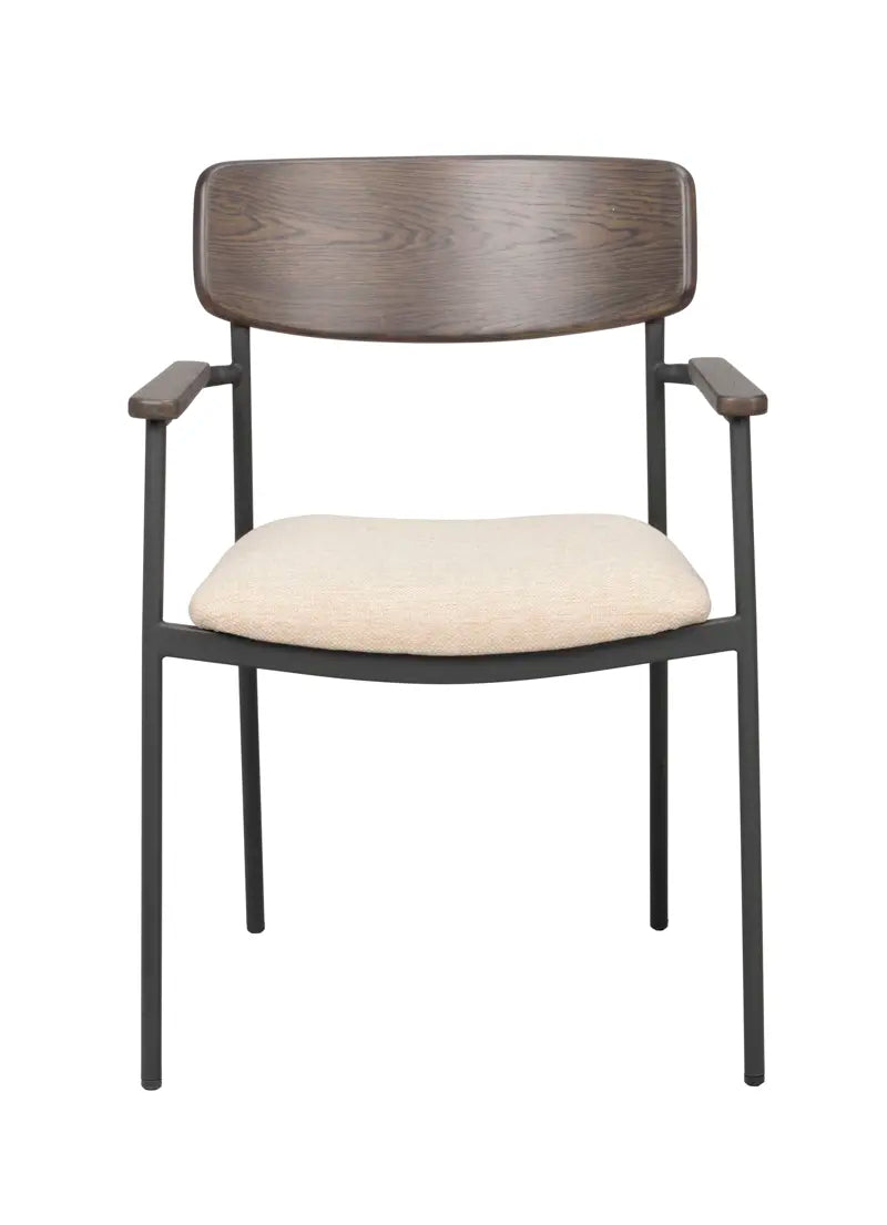 ROWICO Maymont spisebordsstol m. armlæn stabelbar lys beige stof brun eg og sort metal