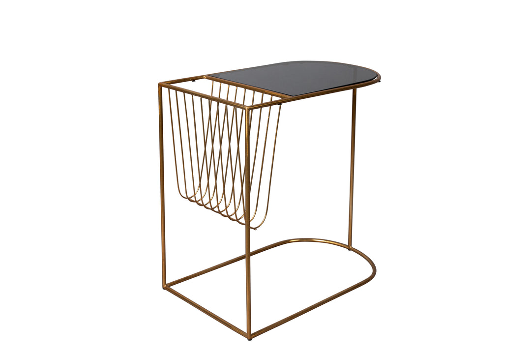 Produktbillede af DUTCHBONE Eileen sidebord m. magasinholder røgfarvet glas og guld stål 51x32 i premium kvalitet