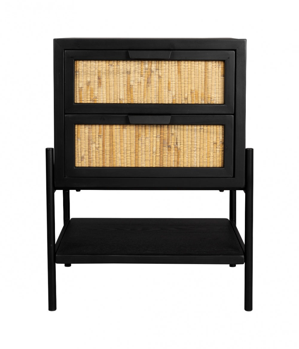 DUTCHBONE Yasu sengebord m. 1 hylde og 2 skuffer natur rattan og sort træ/jern 45x35