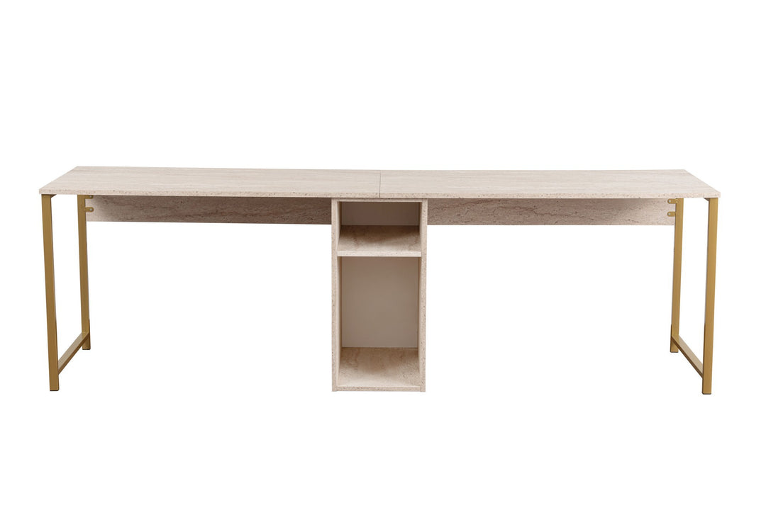 Produktbillede af NORDVÄRK Twin dobbelt skrivebord m. 2 rum travertin melamin og guld metal 240x60 i premium kvalitet