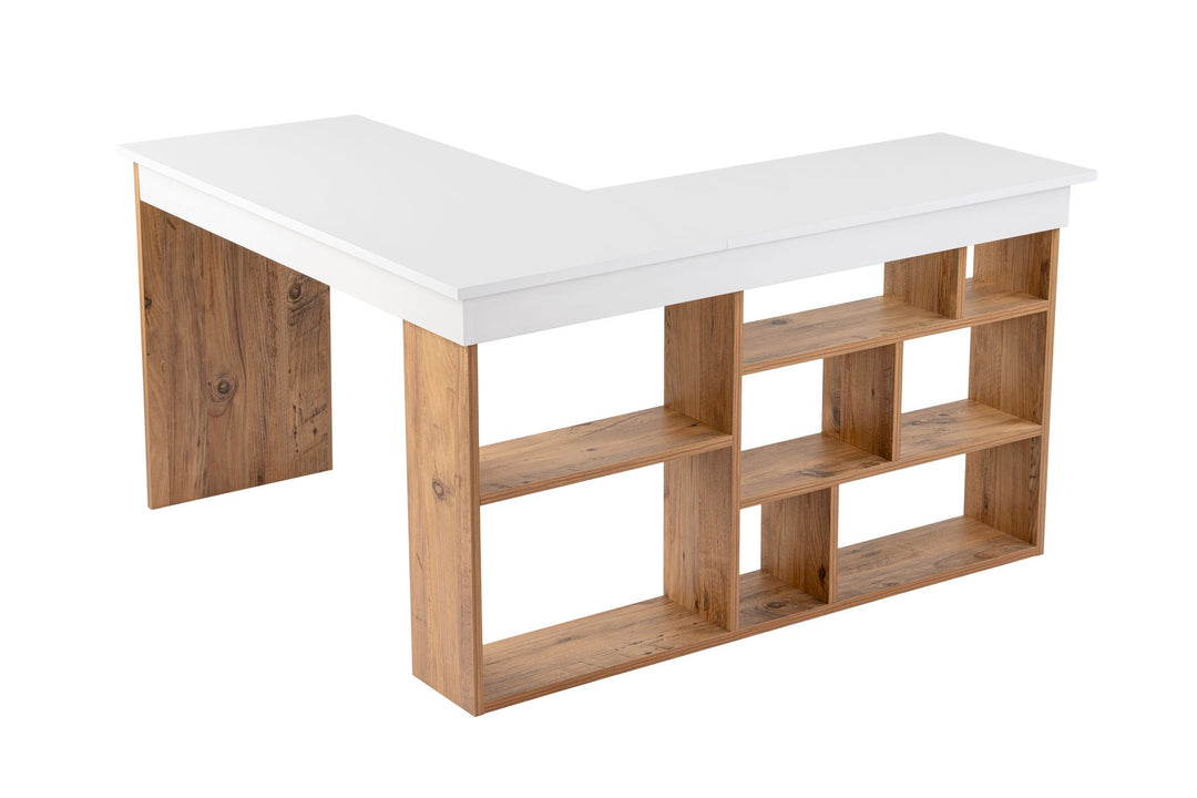 NORDVÄRK Vesper hjørne skrivebord m. 5 hylder hvid og Atlantic Pine melamin 130x50