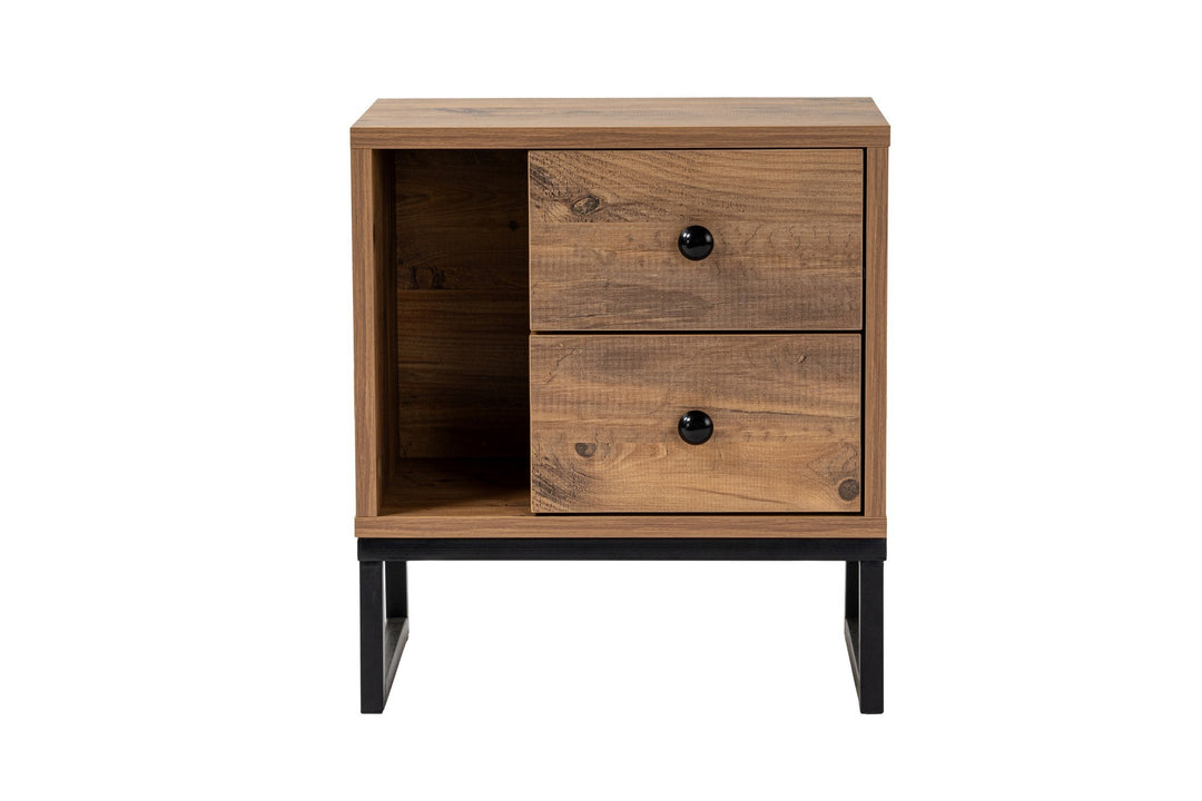 NORDVÄRK Glimmer natbord m. 1 rum og 2 skuffer Atlantic Pine melamin og sort metal 45,2x29,5