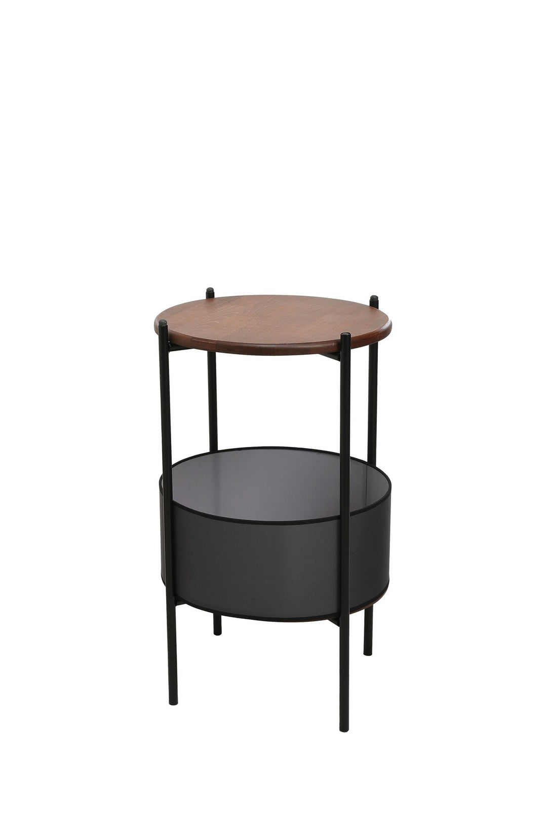 NORDVÄRK 1028 sidebord m. sort kurv rund valnøddefarvet bøgetræ og sort metal Ø40