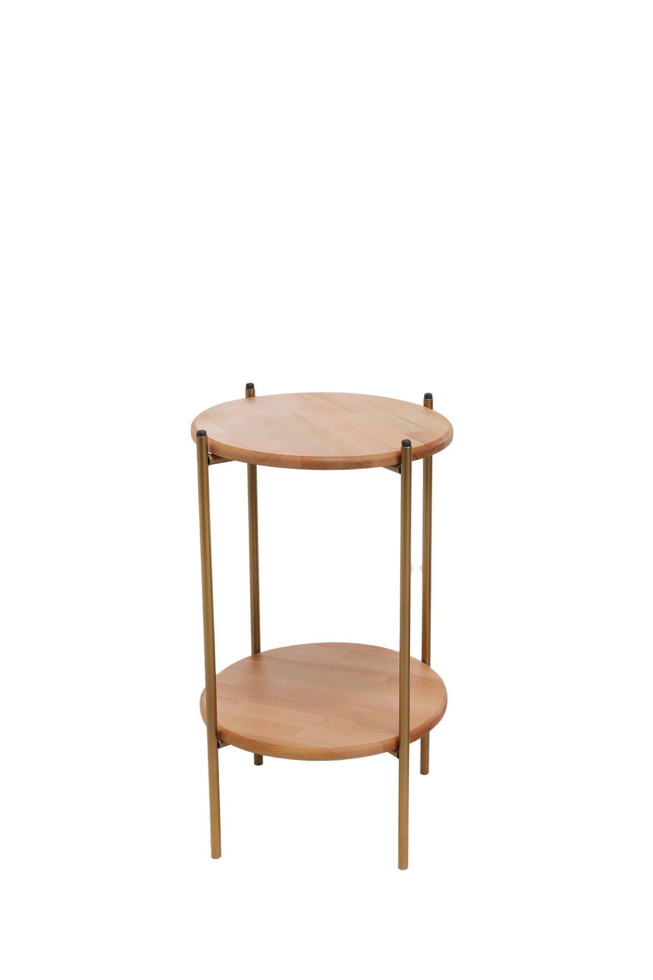 Produktbillede af NORDVÄRK 1029 sidebord m. hylde rund egetræsfarvet bøgetræ og guld metal Ø40 i premium kvalitet