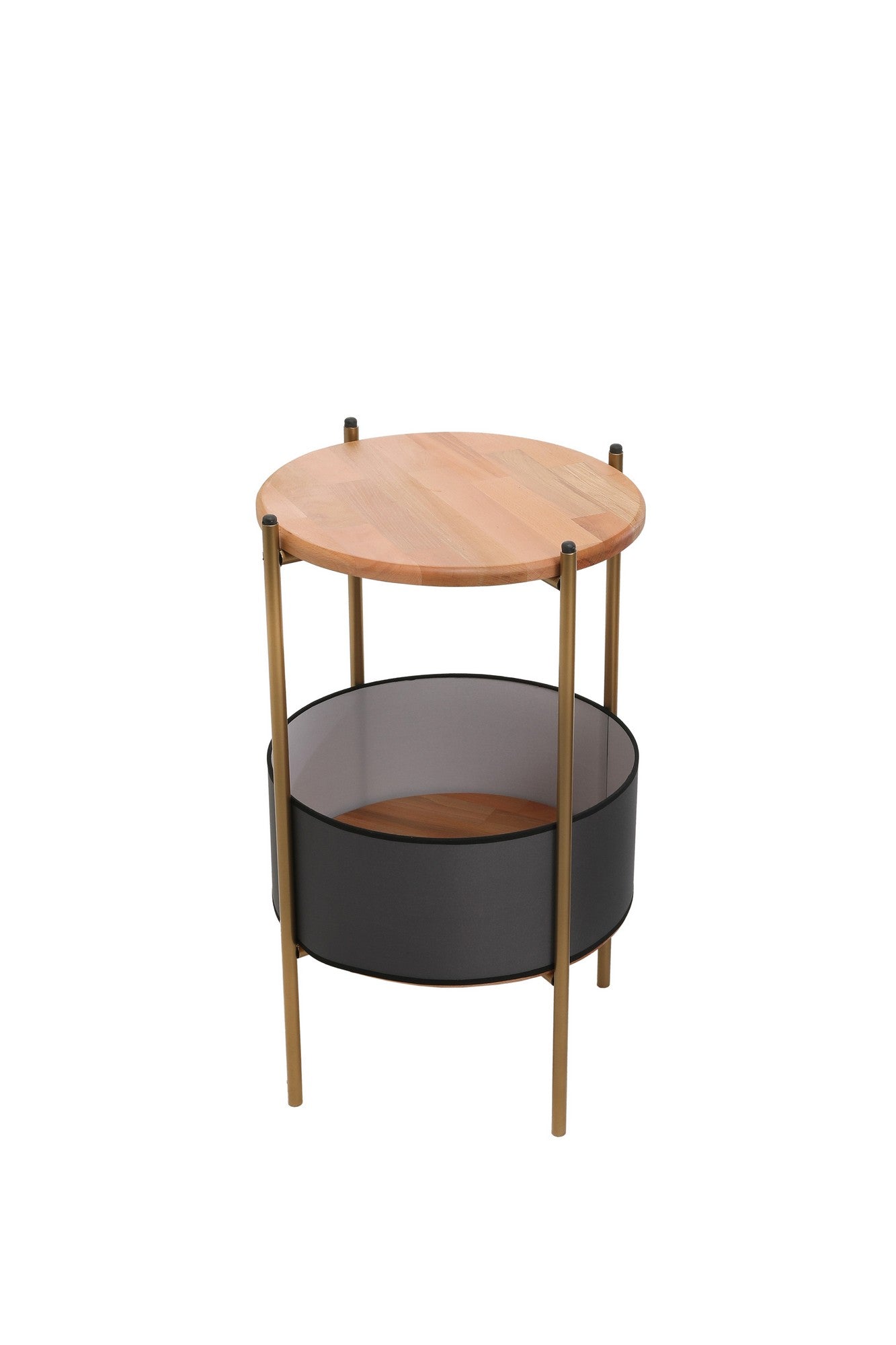 Produktbillede af NORDVÄRK 1029 sidebord m. sort kurv rund egetræsfarvet bøgetræ og guld metal Ø40 i premium kvalitet