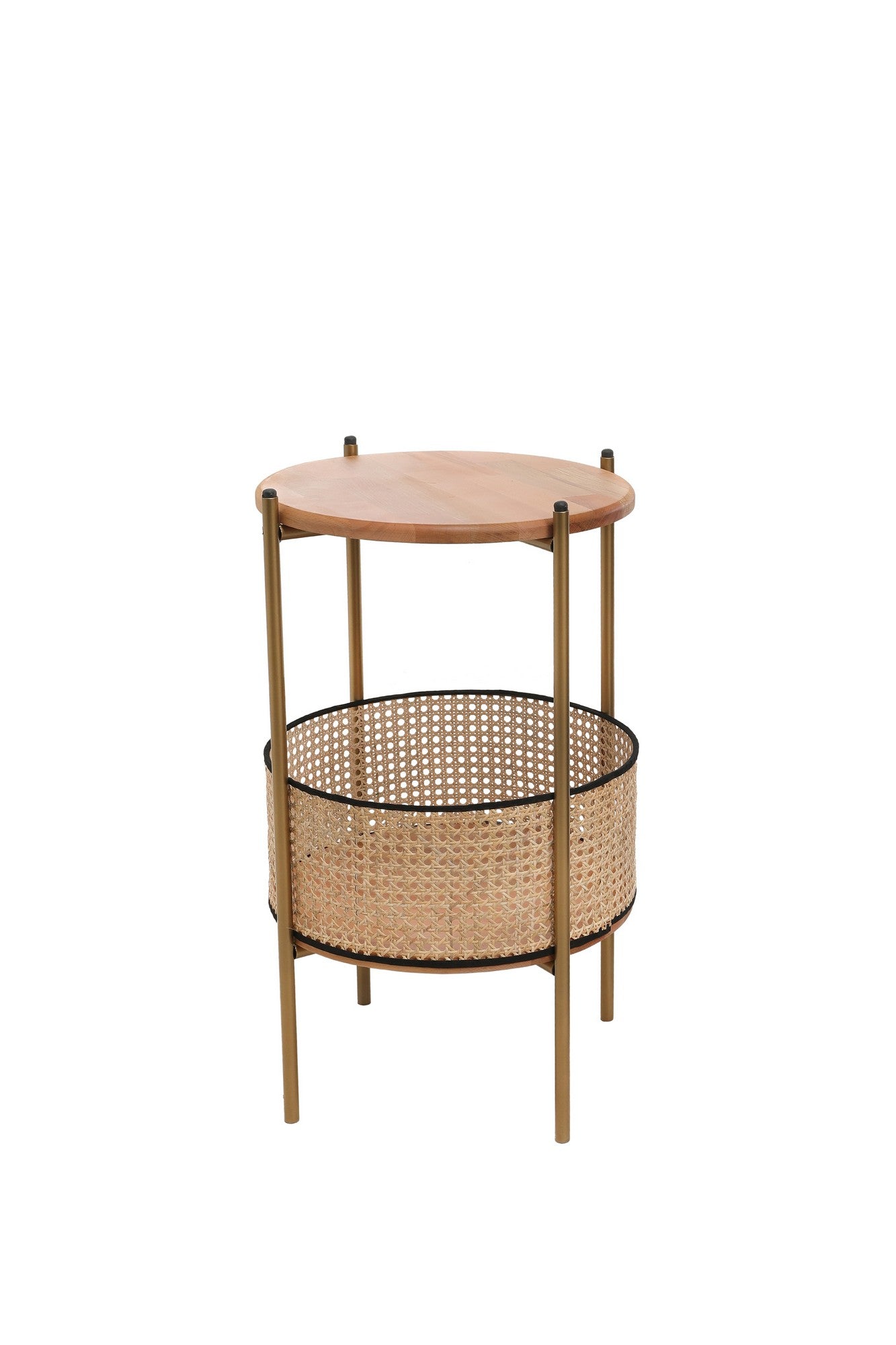 Produktbillede af NORDVÄRK 1029 sidebord m. kurv rund egetræsfarvet bøgetræ og guld metal Ø40 i premium kvalitet