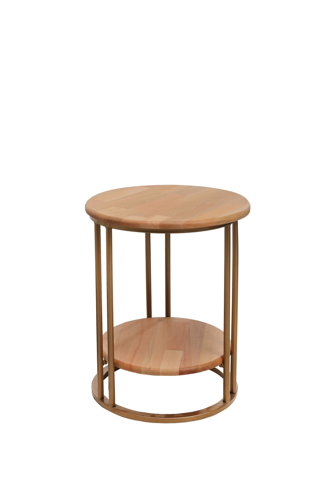 NORDVÄRK 1035 sidebord m. hylde rund egetræsfarvet bøgetræ og guld metal Ø45