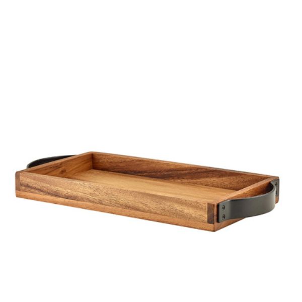 Produktbillede af Serveringsbakke i Akacietræ Med Metalhåndtag Fra Genware 32,5 x 17,5 Cm på tilbud i brug