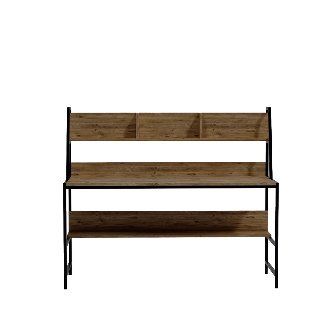 NORDVÄRK Demir skrivebord m. hylder rektangulær egefarvet melamin og metal 140x60