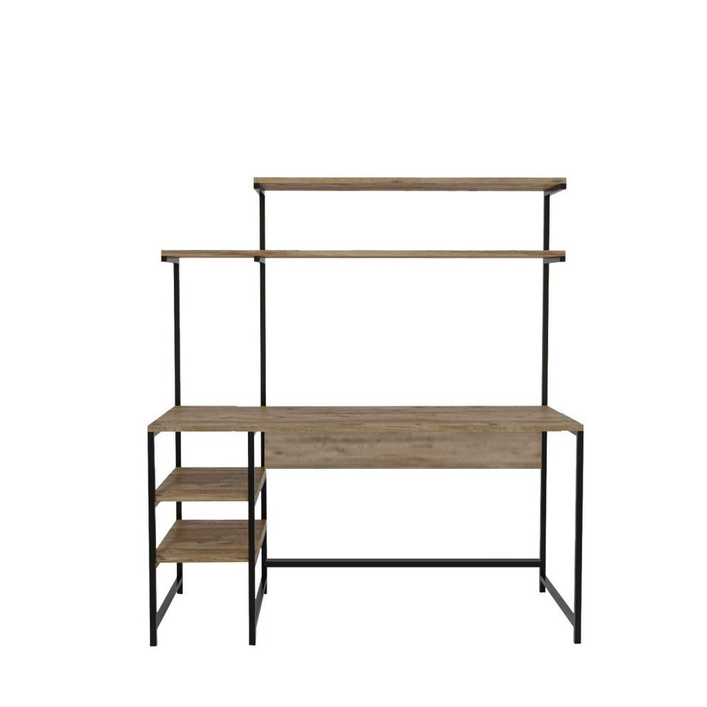 NORDVÄRK Brugge skrivebord m. 4 hylder rektangulær egefarvet melamin og sort metal 140x55